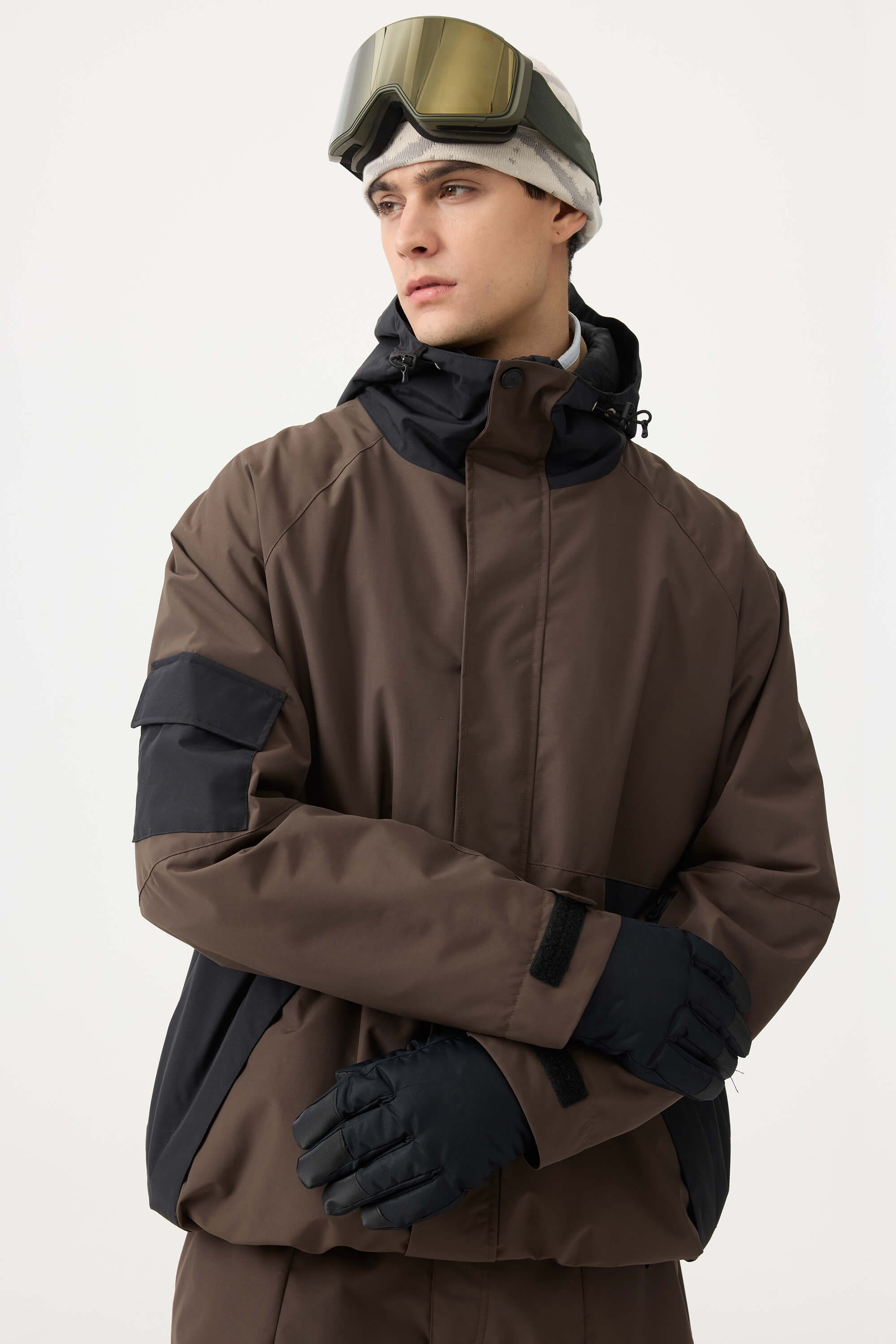 Men's Coffee Raglan Sleeve Color Block Waterproof Breathable Snow