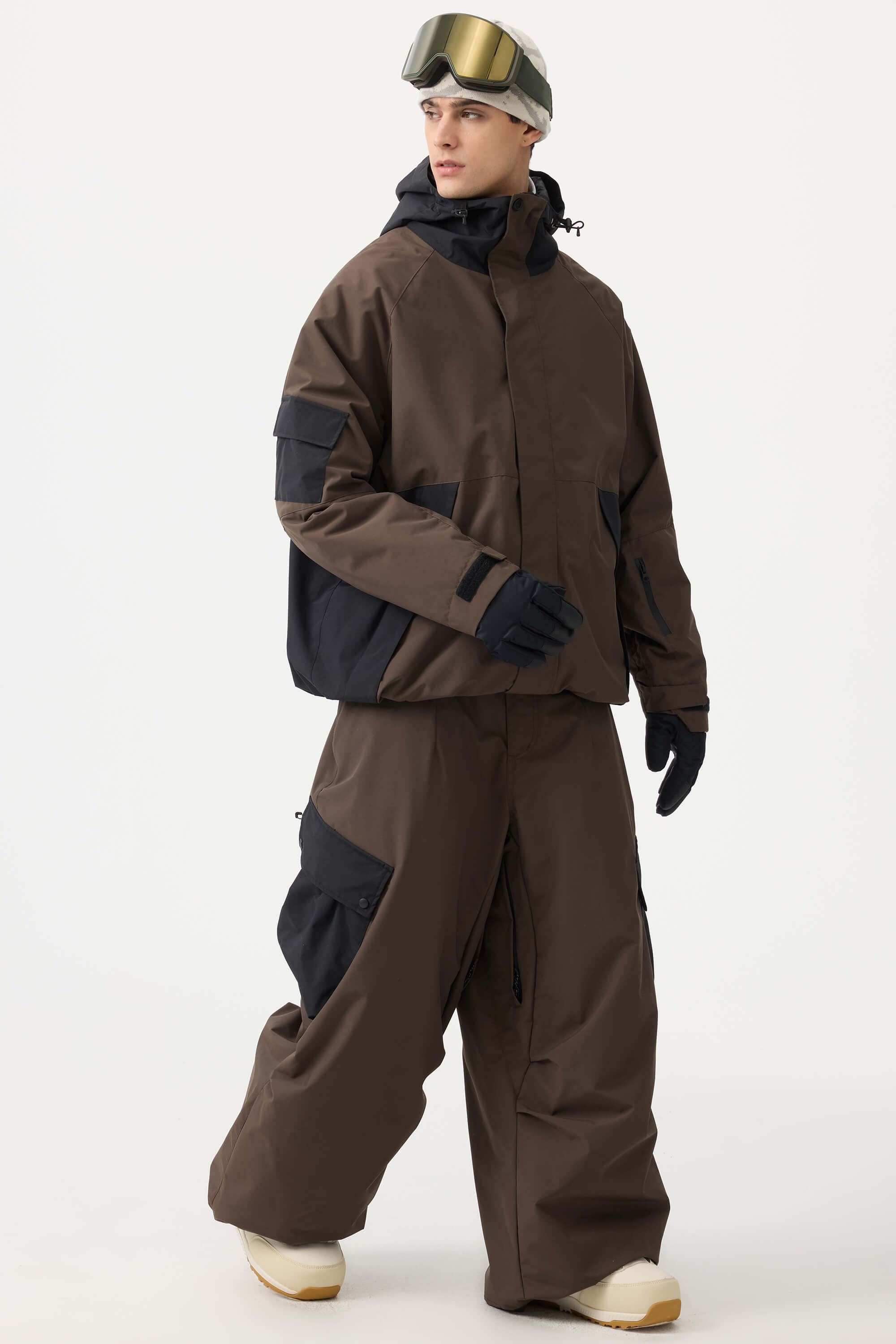 Men's Coffee Raglan Sleeve Color Block Waterproof Breathable Snow