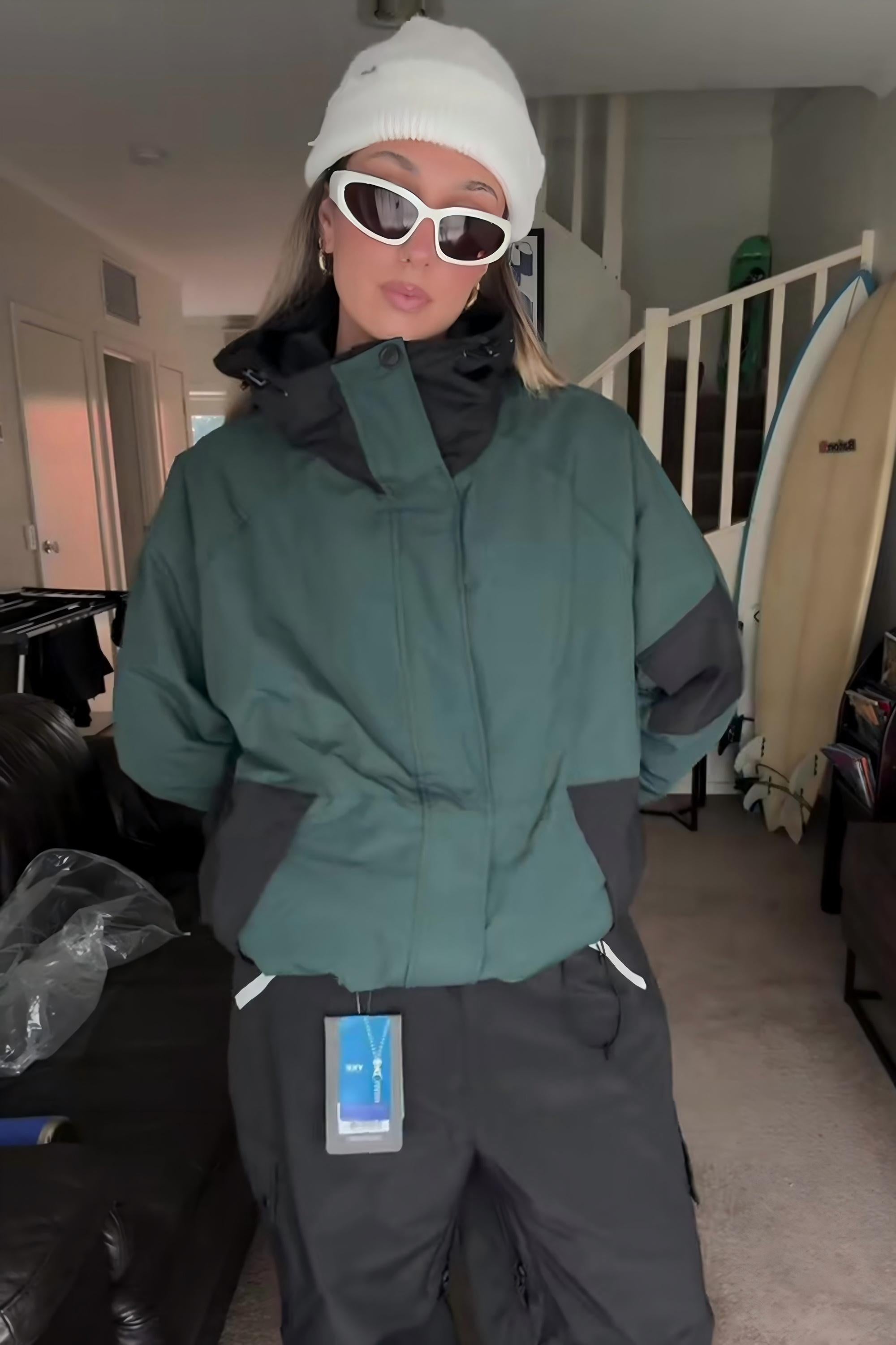 Women's Dark Green Raglan Sleeve Color Block Waterproof Breathable