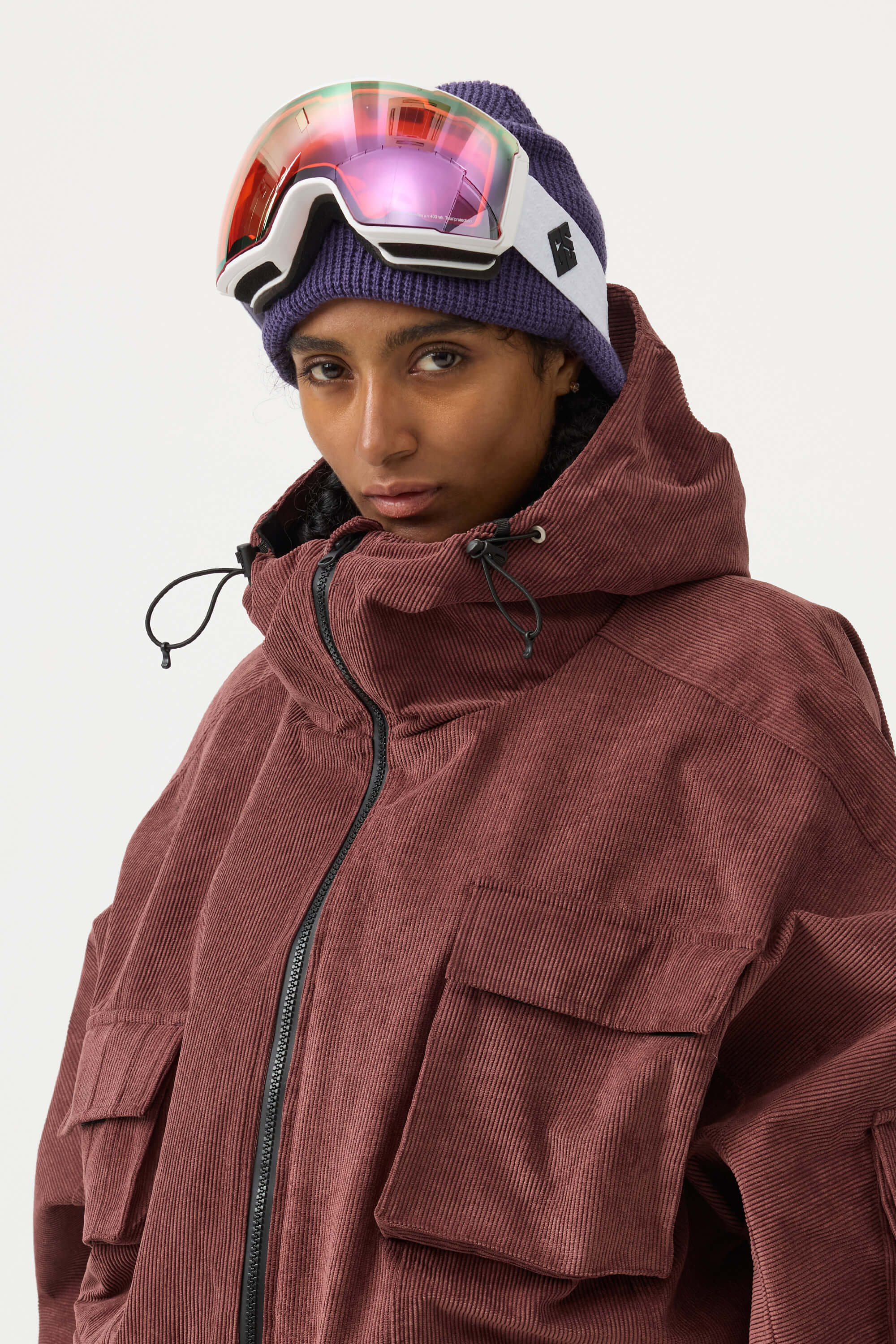 Women's Brick Red Waterproof Corduroy Batwing Sleeve Large Pocket