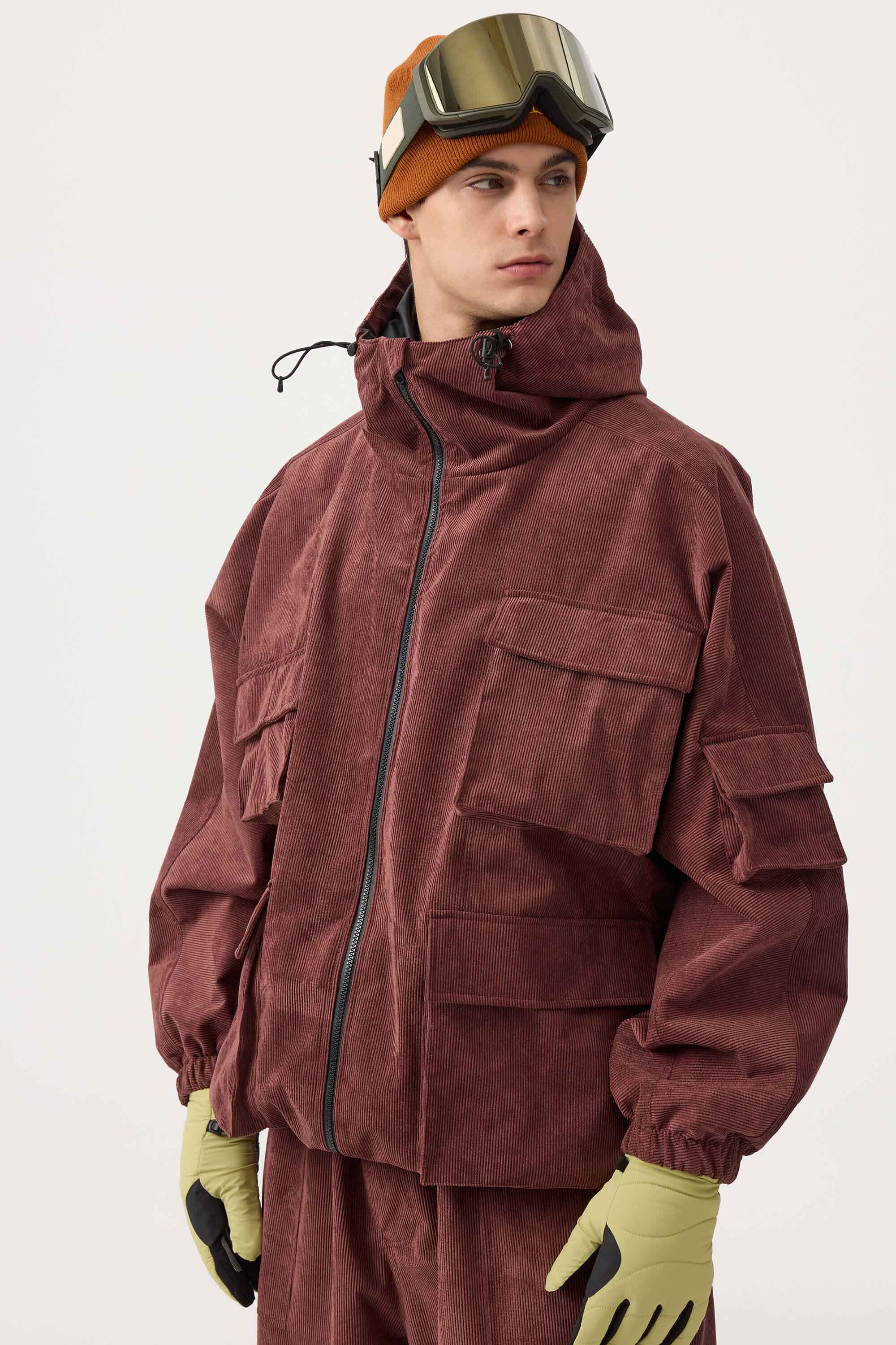 Men's Black Waterproof Corduroy Batwing Sleeve Large Pocket Snow