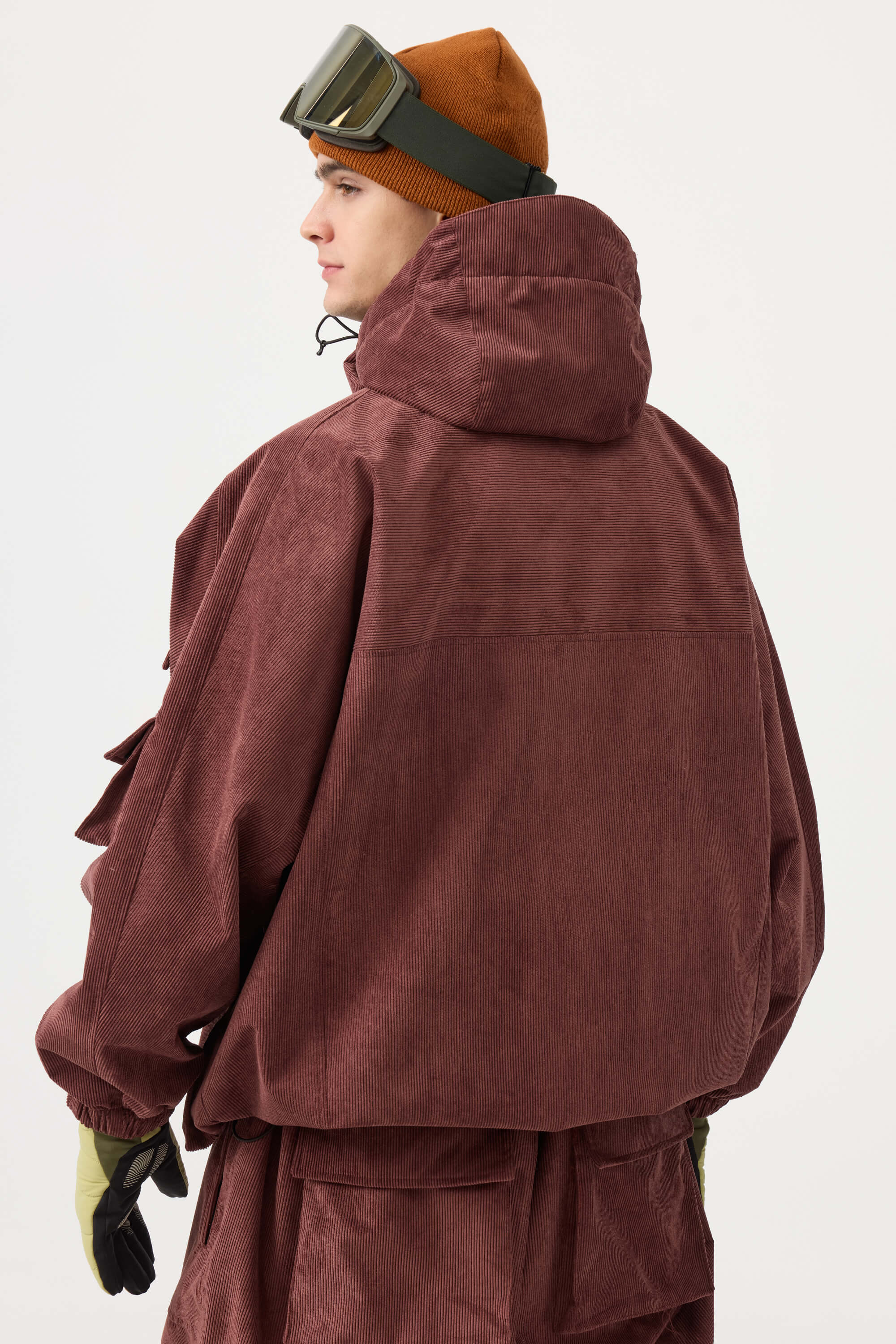 Men's Black Waterproof Corduroy Batwing Sleeve Large Pocket Snow