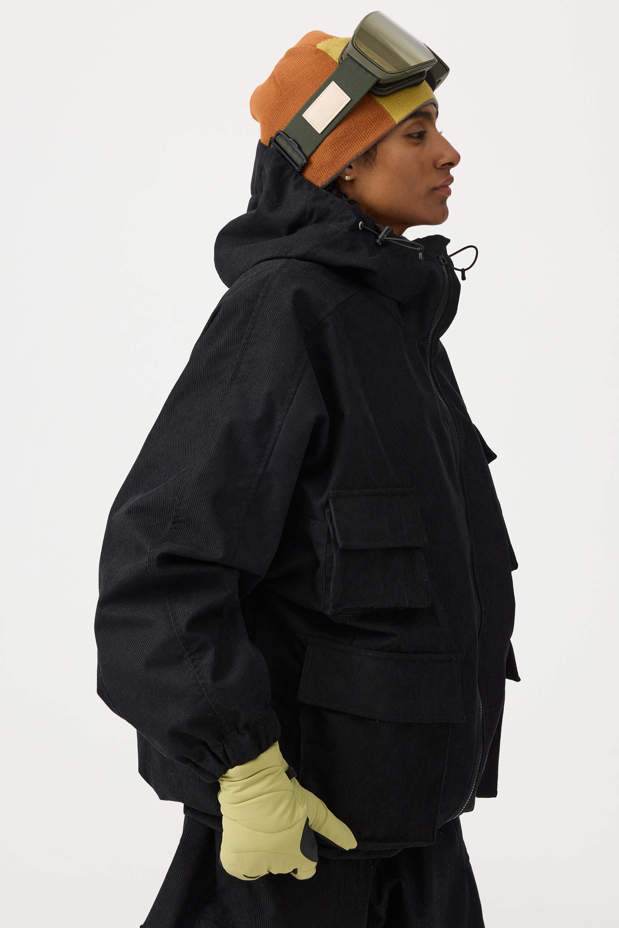 Women's Black Waterproof Corduroy Batwing Sleeve Large Pocket Snow