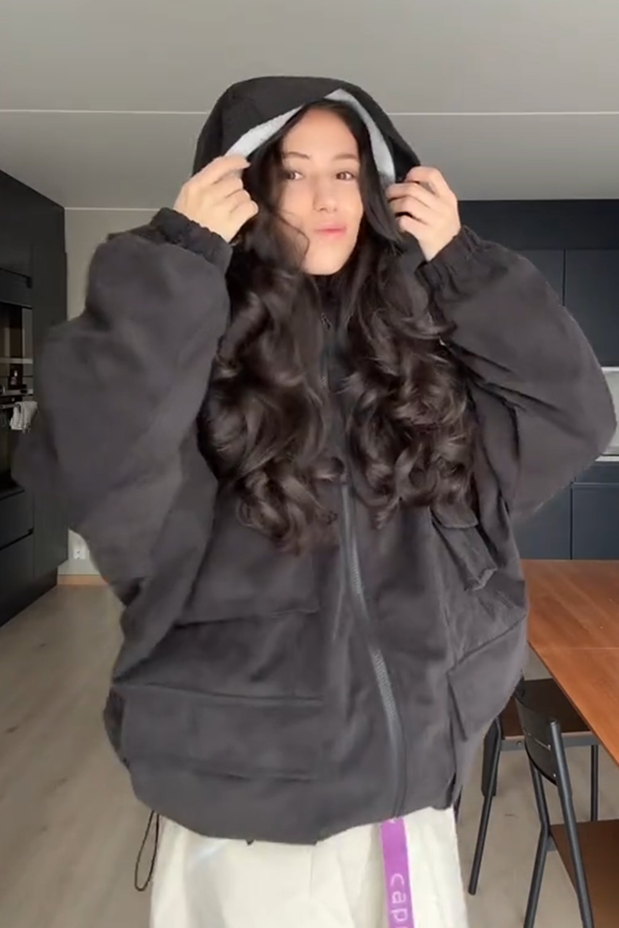 Women's Black Waterproof Corduroy Batwing Sleeve Large Pocket Snow