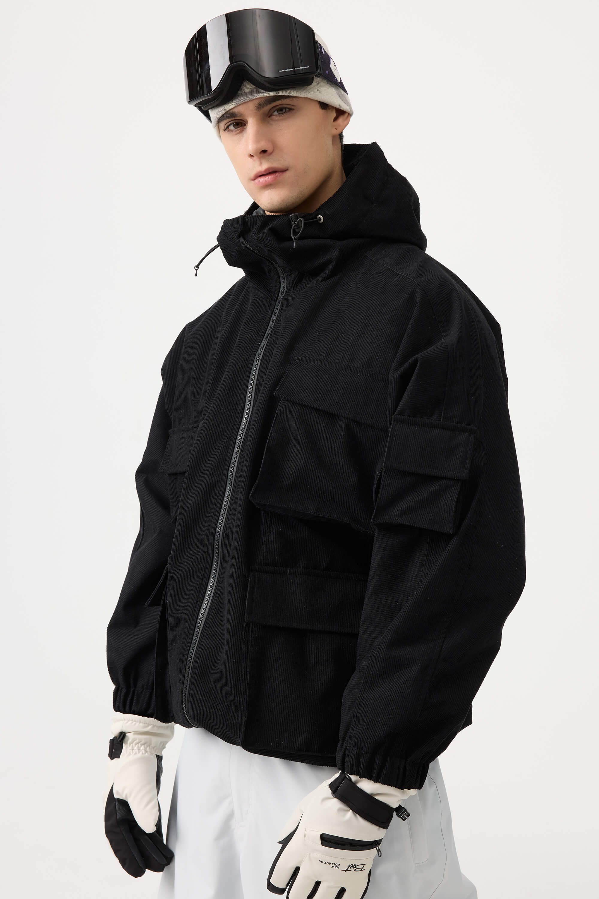 Men's Black Waterproof Corduroy Batwing Sleeve Large Pocket Snow