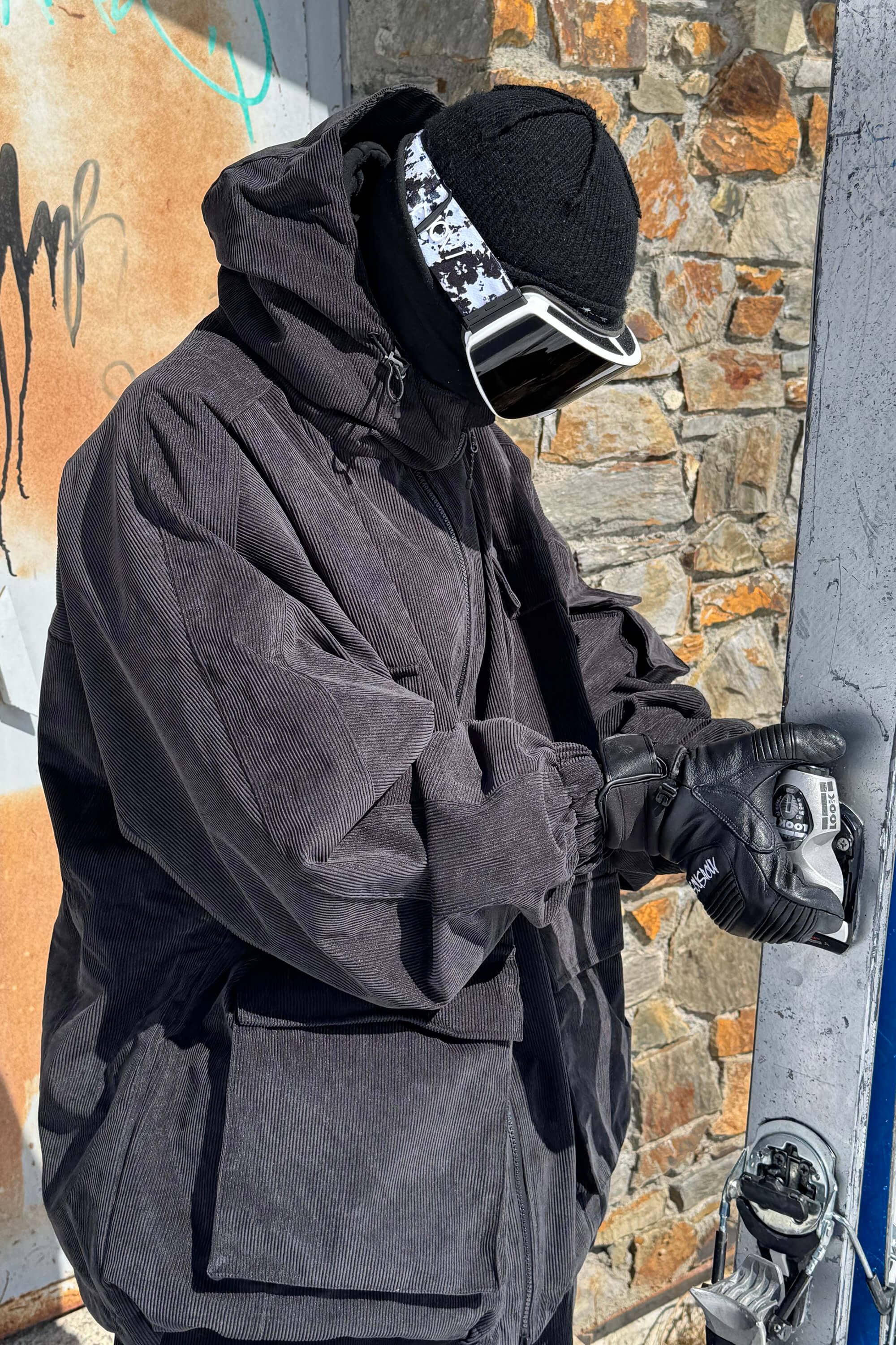 Men's Black Waterproof Corduroy Batwing Sleeve Large Pocket Snow