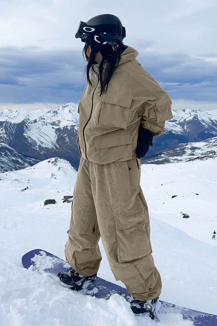 Women's Black Waterproof Corduroy Batwing Sleeve Large Pocket Snow Jacket