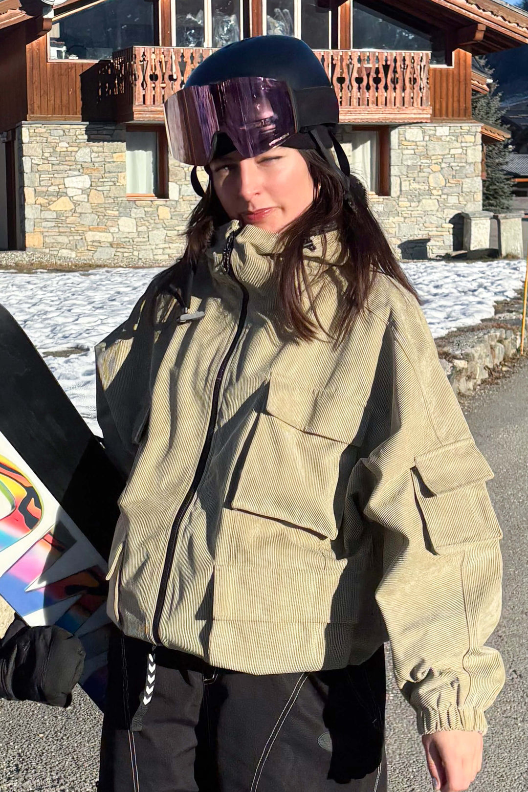 Women's Black Waterproof Corduroy Batwing Sleeve Large Pocket Snow Jacket