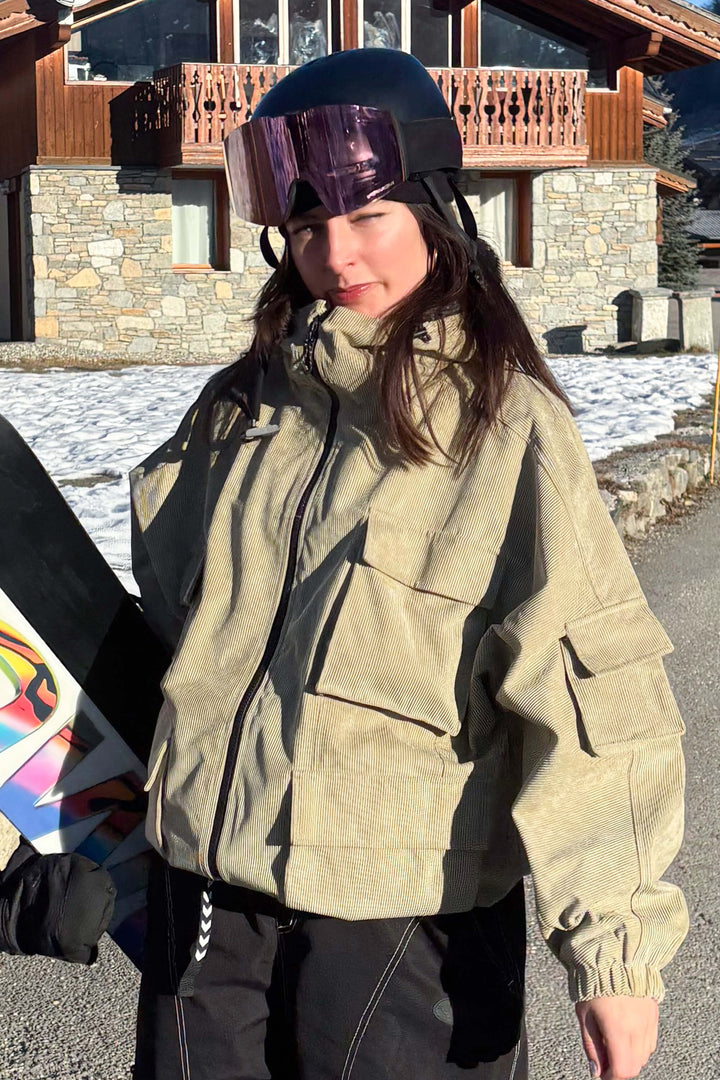 Women's Black Waterproof Corduroy Batwing Sleeve Large Pocket Snow Jacket