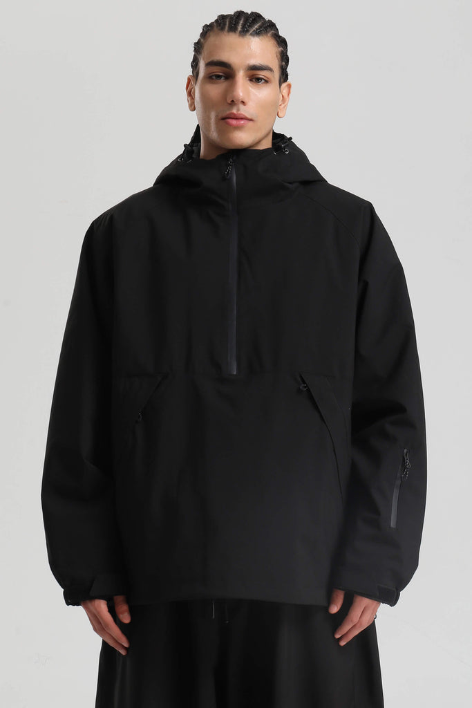 Men's Black Minimalist Half-Zip Waterproof Insulated Snow Anorak