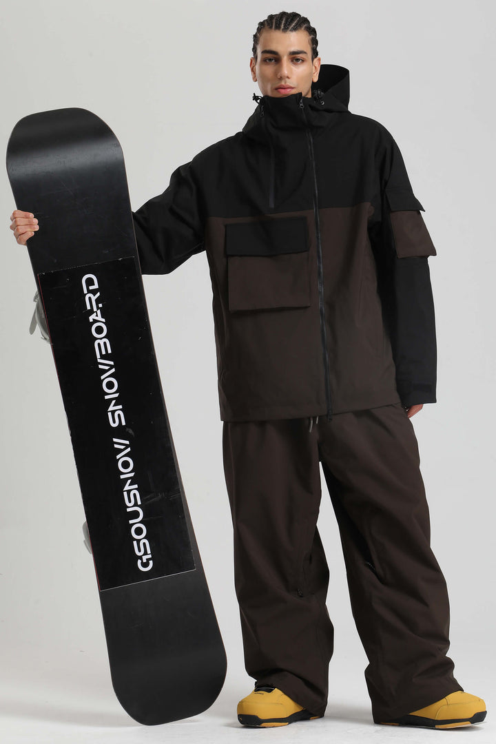 Heren kaki asymmetrische rits utility pocket waterdichte sneeuwjas