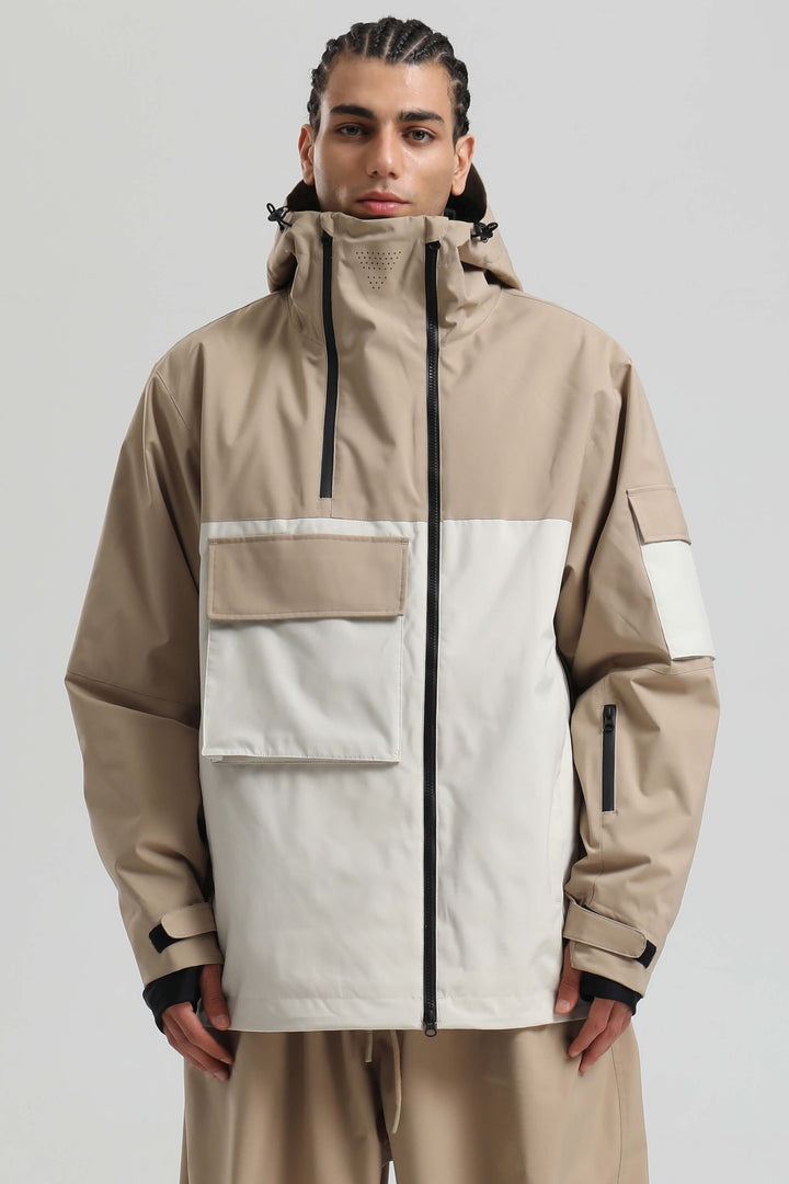 Men's Khaki & White Asym-Zip Utility Pocket Waterproof Snow Jacket