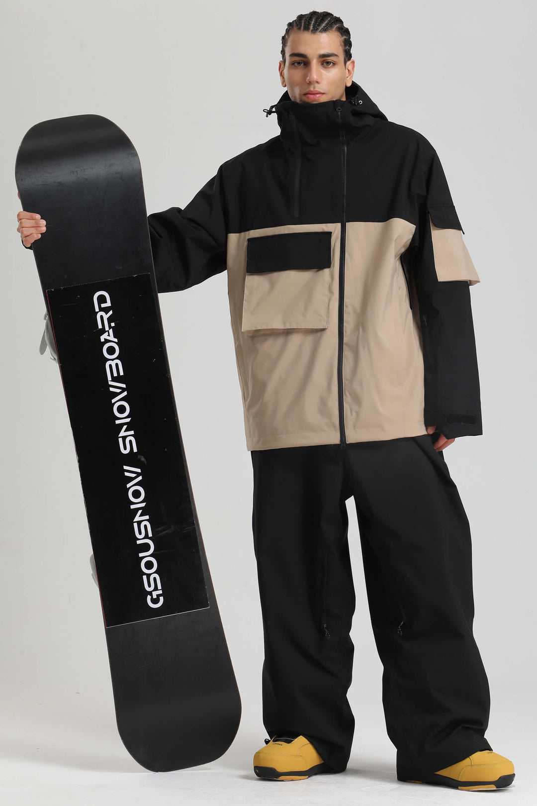 Giacca da neve impermeabile da uomo con tasca multiuso e cerniera asimmetrica color cachi