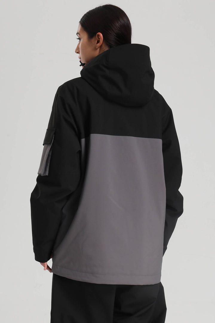 Dámská černo-šedá nepromokavá sněhová bunda s asymetrickým zipem a praktickými kapsami