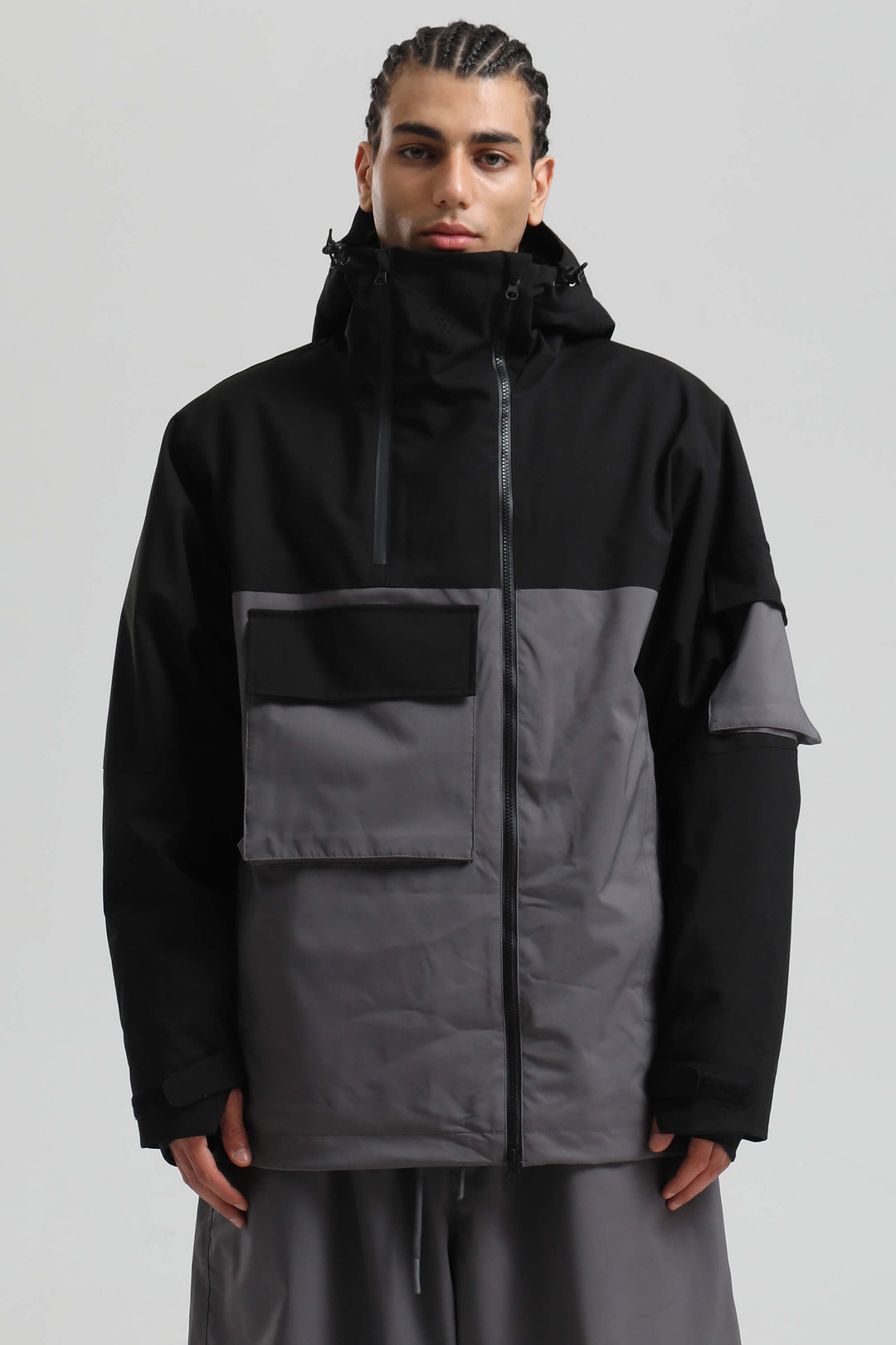 Men's Black & Grey Asym-Zip Utility Pocket Waterproof Snow Jacket