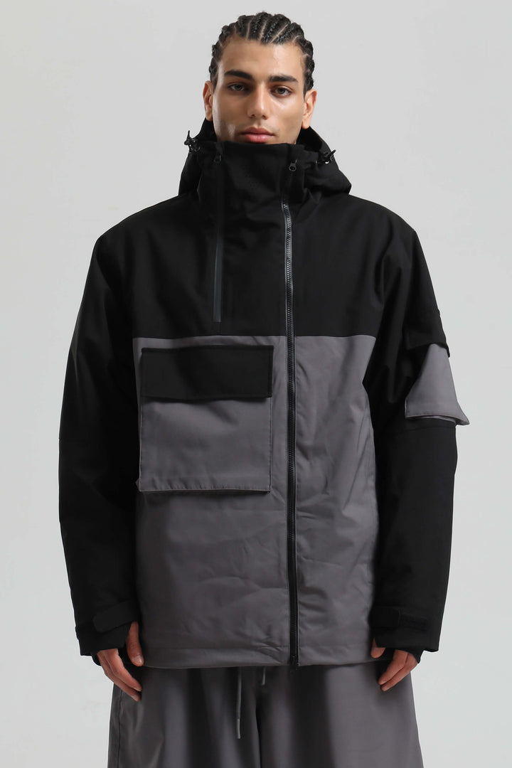 Men's Black & Grey Asym-Zip Utility Pocket Waterproof Snow Jacket