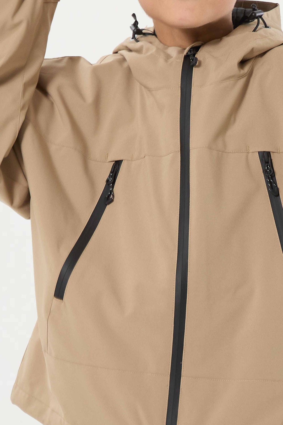 Khakifarbene, wasserdichte, isolierte Schneejacke mit abnehmbarer Kapuze und Ohrenklappen für Jungen 