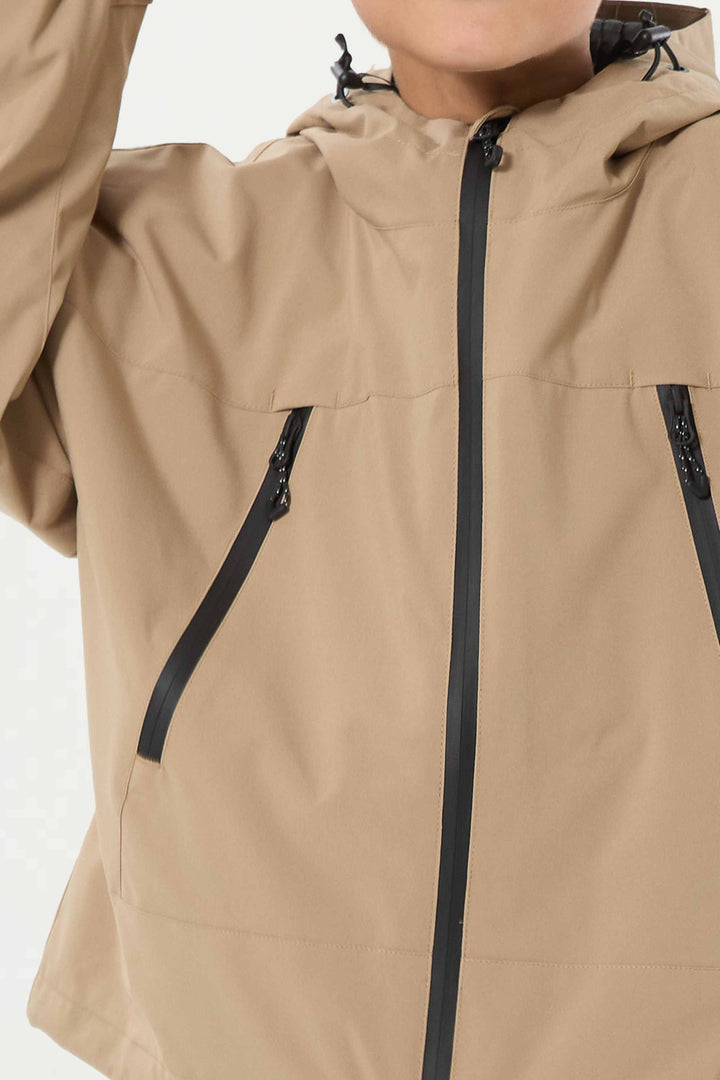 Khakifarbene, wasserdichte, isolierte Schneejacke mit abnehmbarer Kapuze und Ohrenklappen für Jungen 