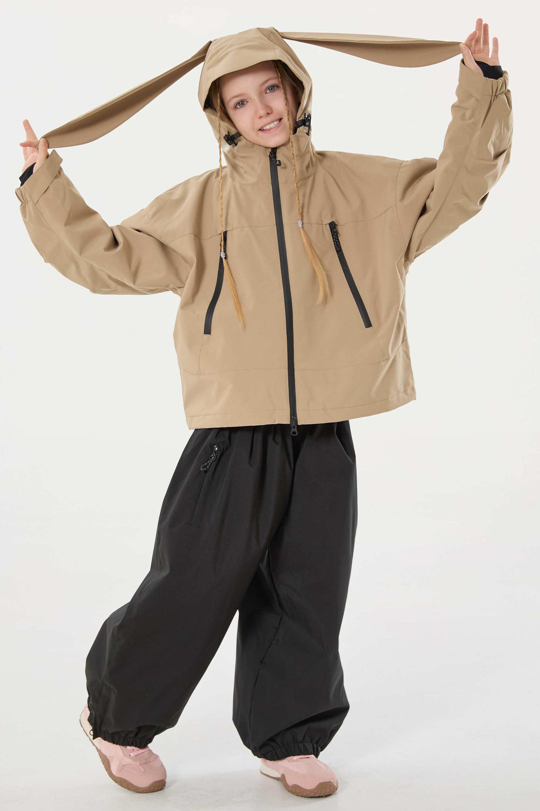 Khakifarbene, wasserdichte, isolierte Schneejacke mit abnehmbarer Kapuze und Ohrenklappen für Mädchen 