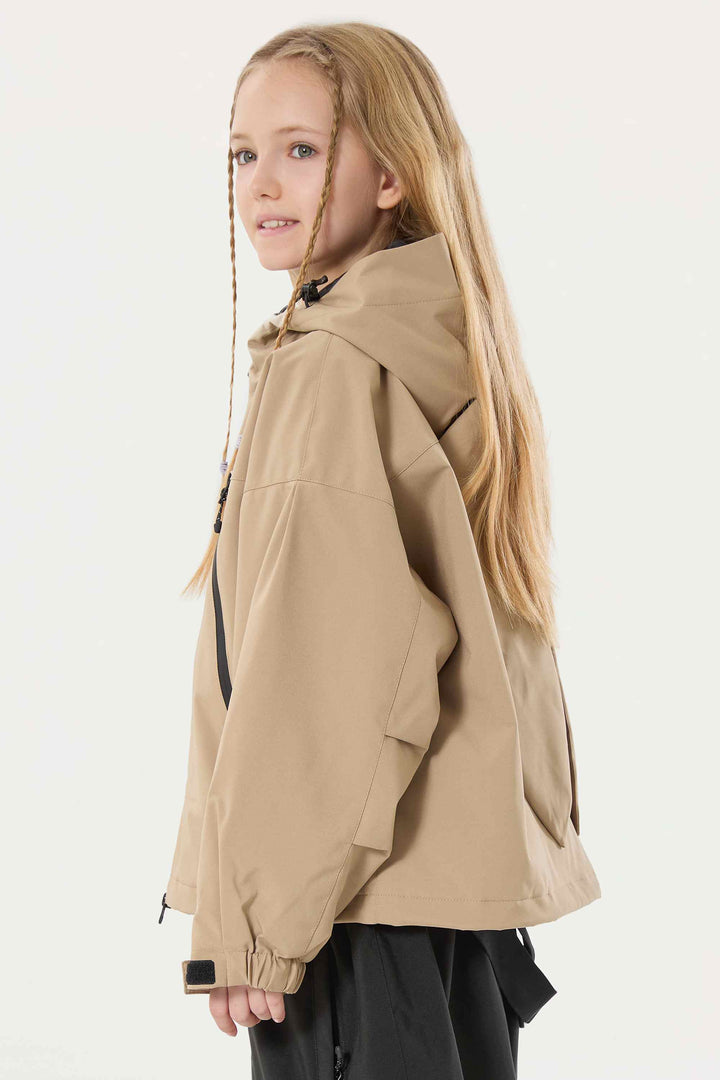 Khakifarbene, wasserdichte, isolierte Schneejacke mit abnehmbarer Kapuze und Ohrenklappen für Mädchen 