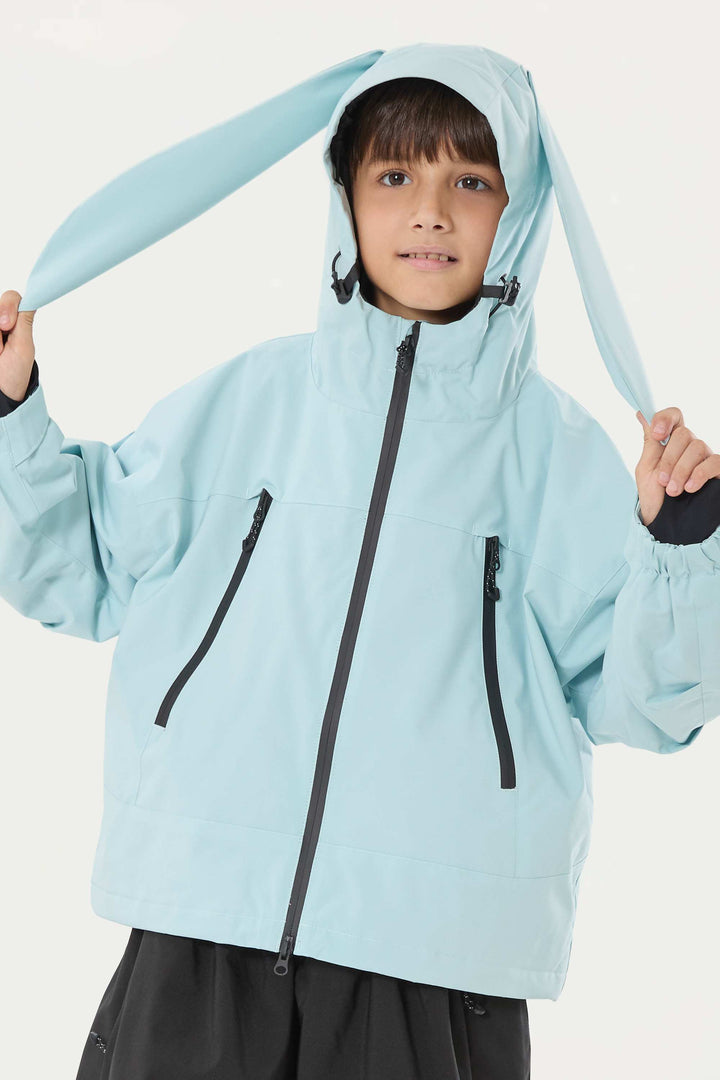 Khakifarbene, wasserdichte, isolierte Schneejacke mit abnehmbarer Kapuze und Ohrenklappen für Jungen 