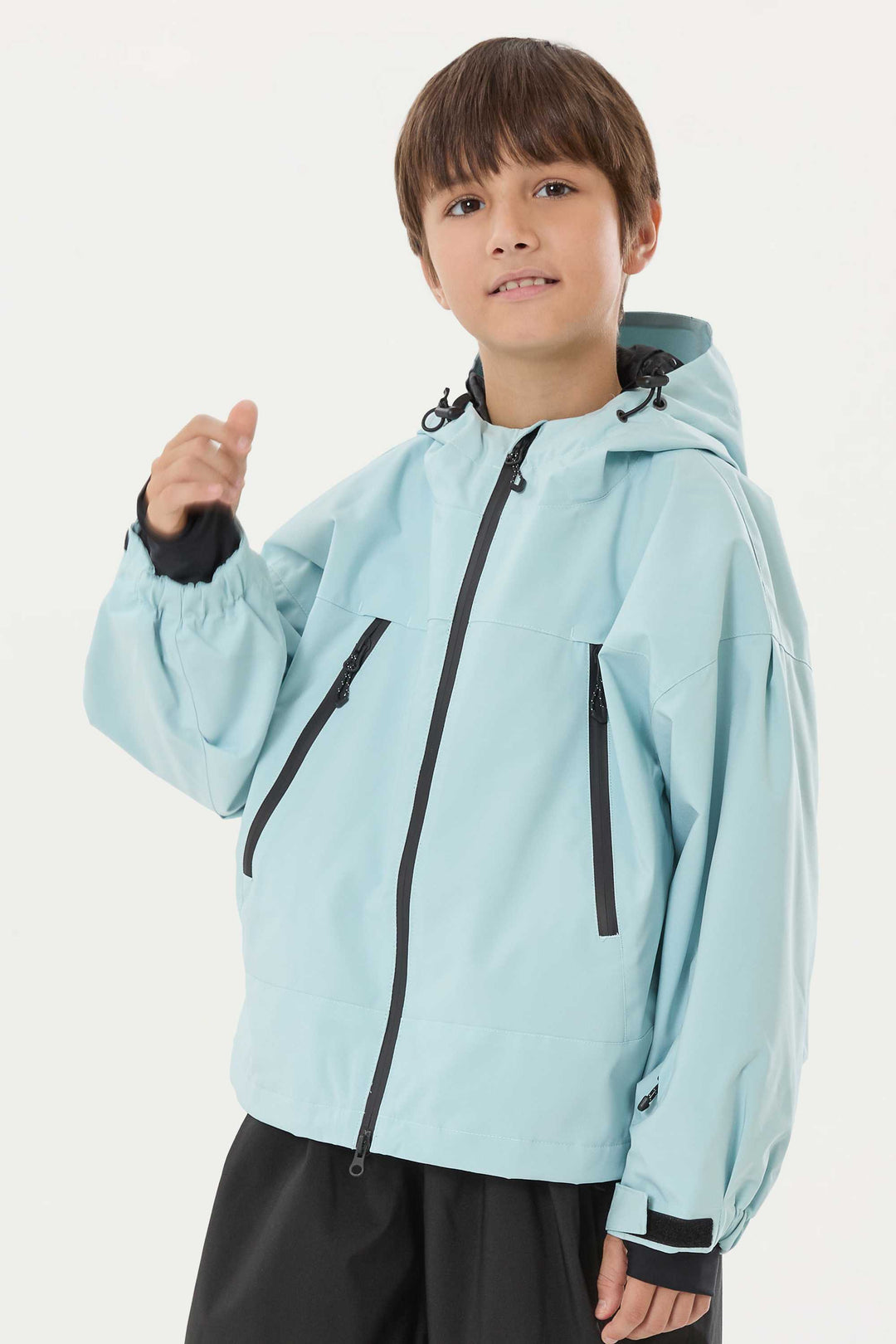 Khakifarbene, wasserdichte, isolierte Schneejacke mit abnehmbarer Kapuze und Ohrenklappen für Jungen 