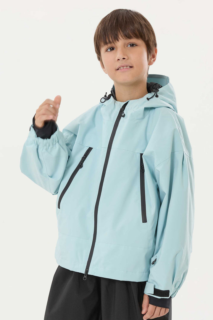 Khakifarbene, wasserdichte, isolierte Schneejacke mit abnehmbarer Kapuze und Ohrenklappen für Jungen 