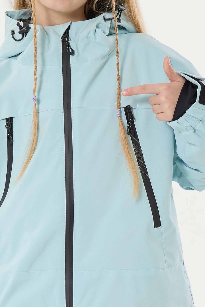 Eisblaue, wasserdichte, isolierte Schneejacke mit abnehmbarer Kapuze und Ohrenklappen für Mädchen 