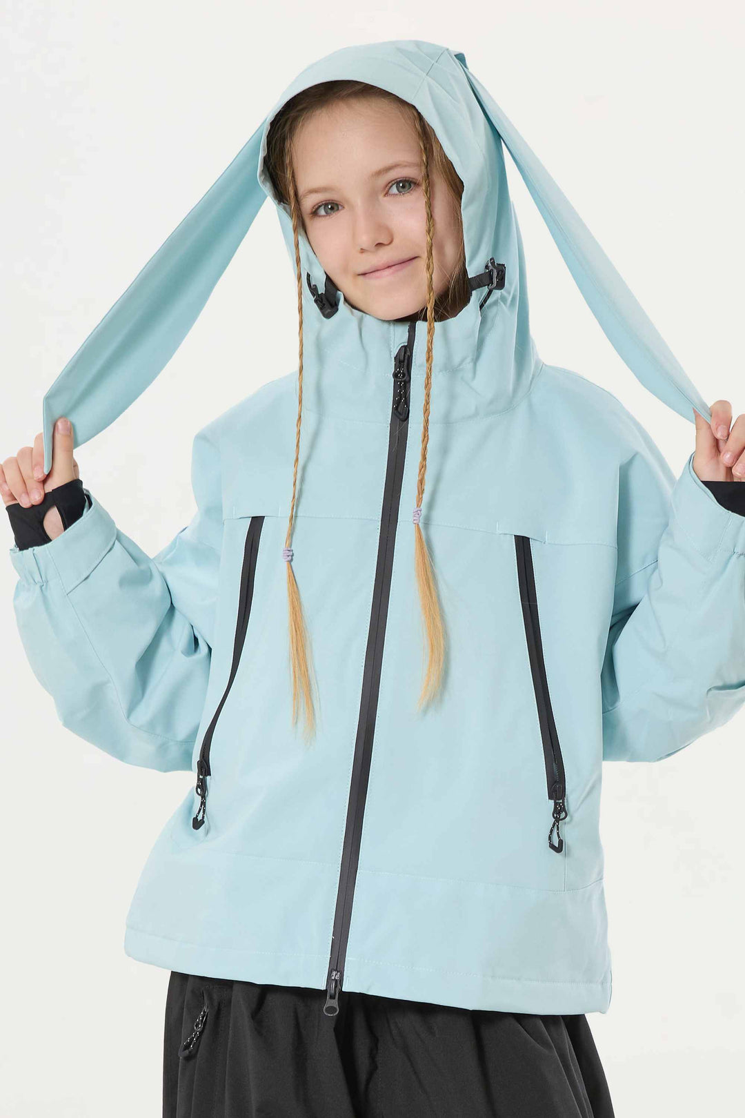 Schwarze, wasserdichte, isolierte Schneejacke mit abnehmbarer Kapuze und Ohrenklappen für Mädchen 