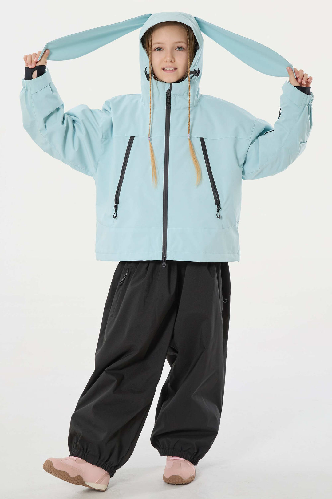 Eisblaue, wasserdichte, isolierte Schneejacke mit abnehmbarer Kapuze und Ohrenklappen für Mädchen 