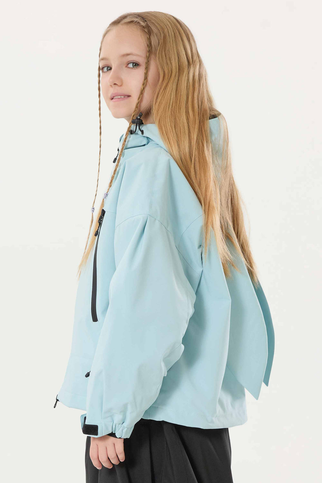 Eisblaue, wasserdichte, isolierte Schneejacke mit abnehmbarer Kapuze und Ohrenklappen für Mädchen 