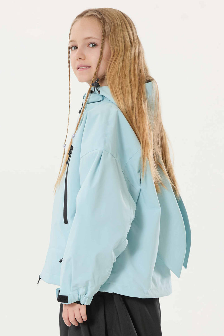 Eisblaue, wasserdichte, isolierte Schneejacke mit abnehmbarer Kapuze und Ohrenklappen für Mädchen 