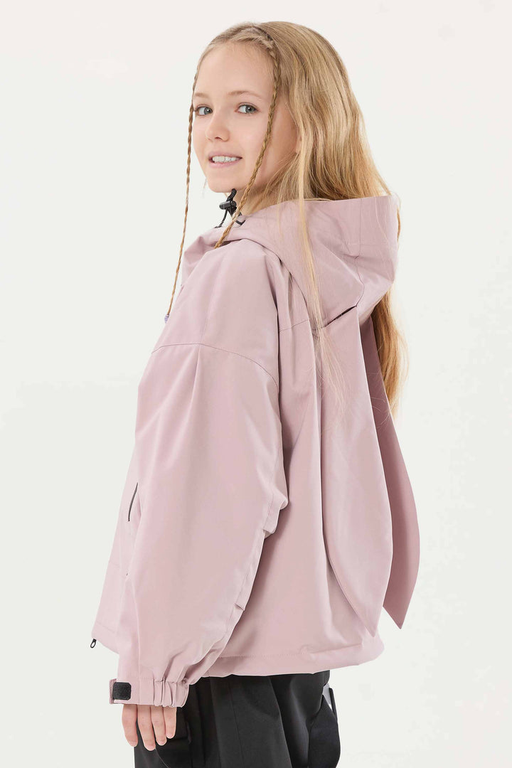 Schwarze, wasserdichte, isolierte Schneejacke mit abnehmbarer Kapuze und Ohrenklappen für Mädchen 