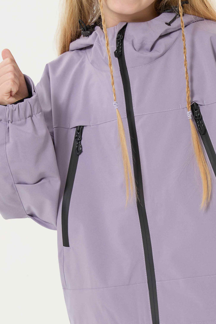 Lavendelfarbene, wasserdichte, isolierte Schneejacke mit abnehmbarer Kapuze und Ohrenklappen für Mädchen 