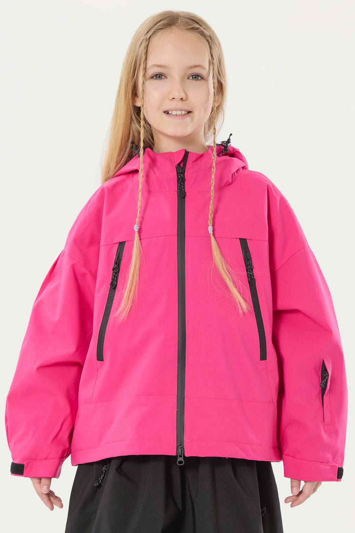 Schwarze, wasserdichte, isolierte Schneejacke mit abnehmbarer Kapuze und Ohrenklappen für Mädchen 