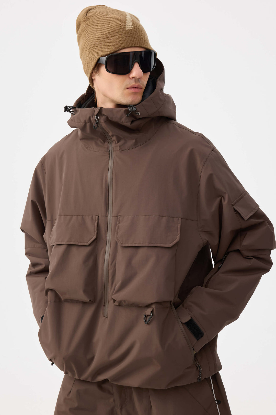 Męska ocieplana kurtka śnieżna Coffee Techwear z zamkiem do połowy