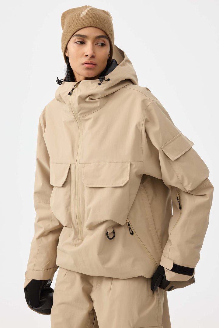 Women's Khaki Techwear Half-Zip Insulated Snow Anorak