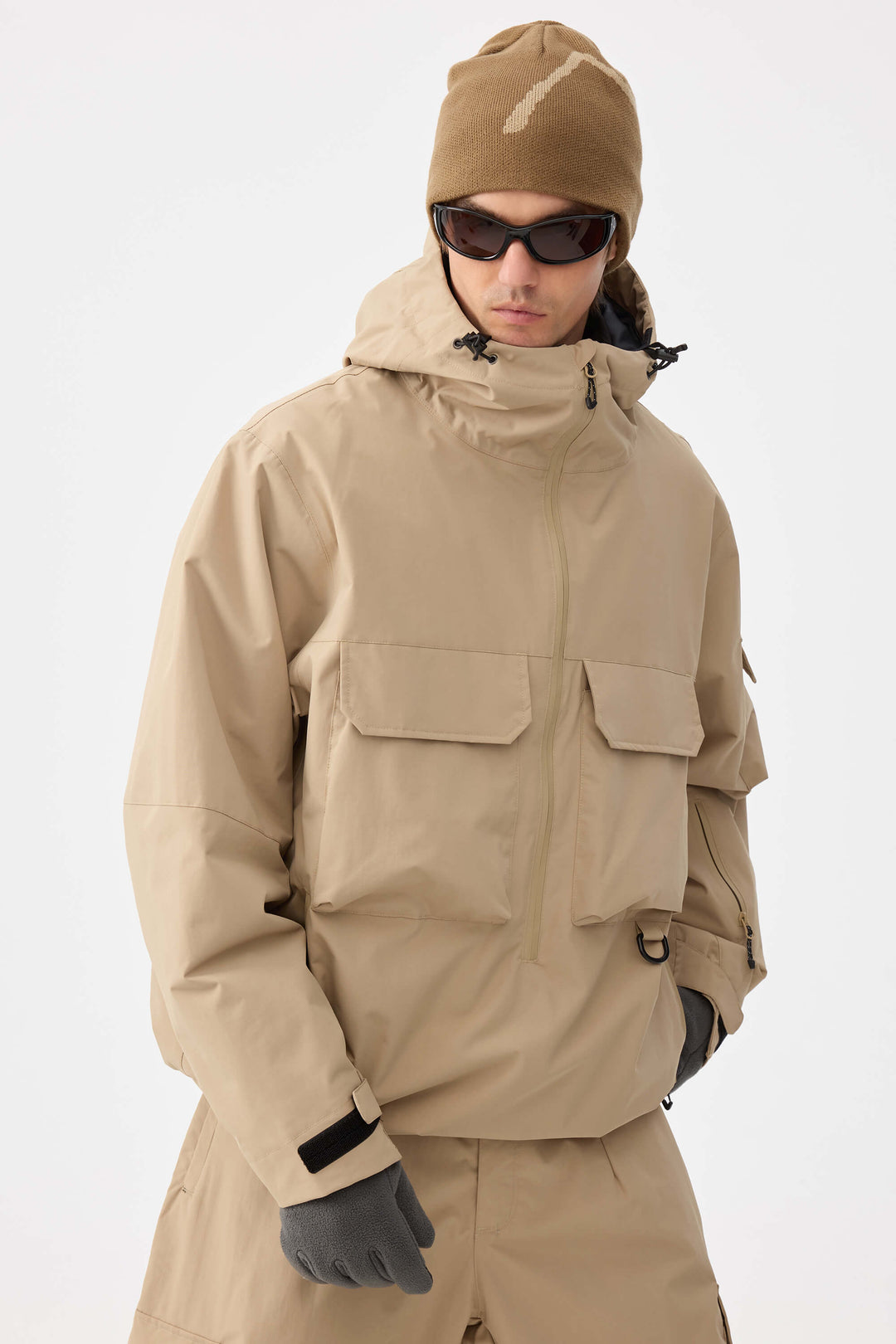 Giacca da neve isolante Techwear da uomo color cachi con mezza cerniera