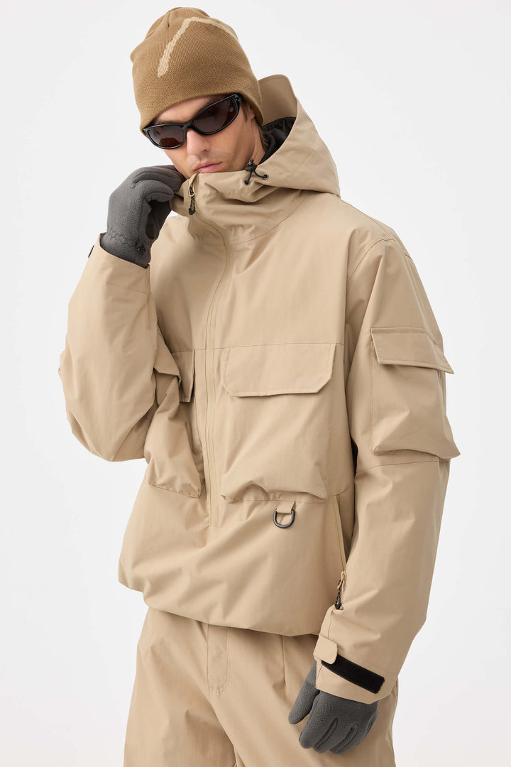Giacca da neve isolante Techwear da uomo color cachi con mezza cerniera