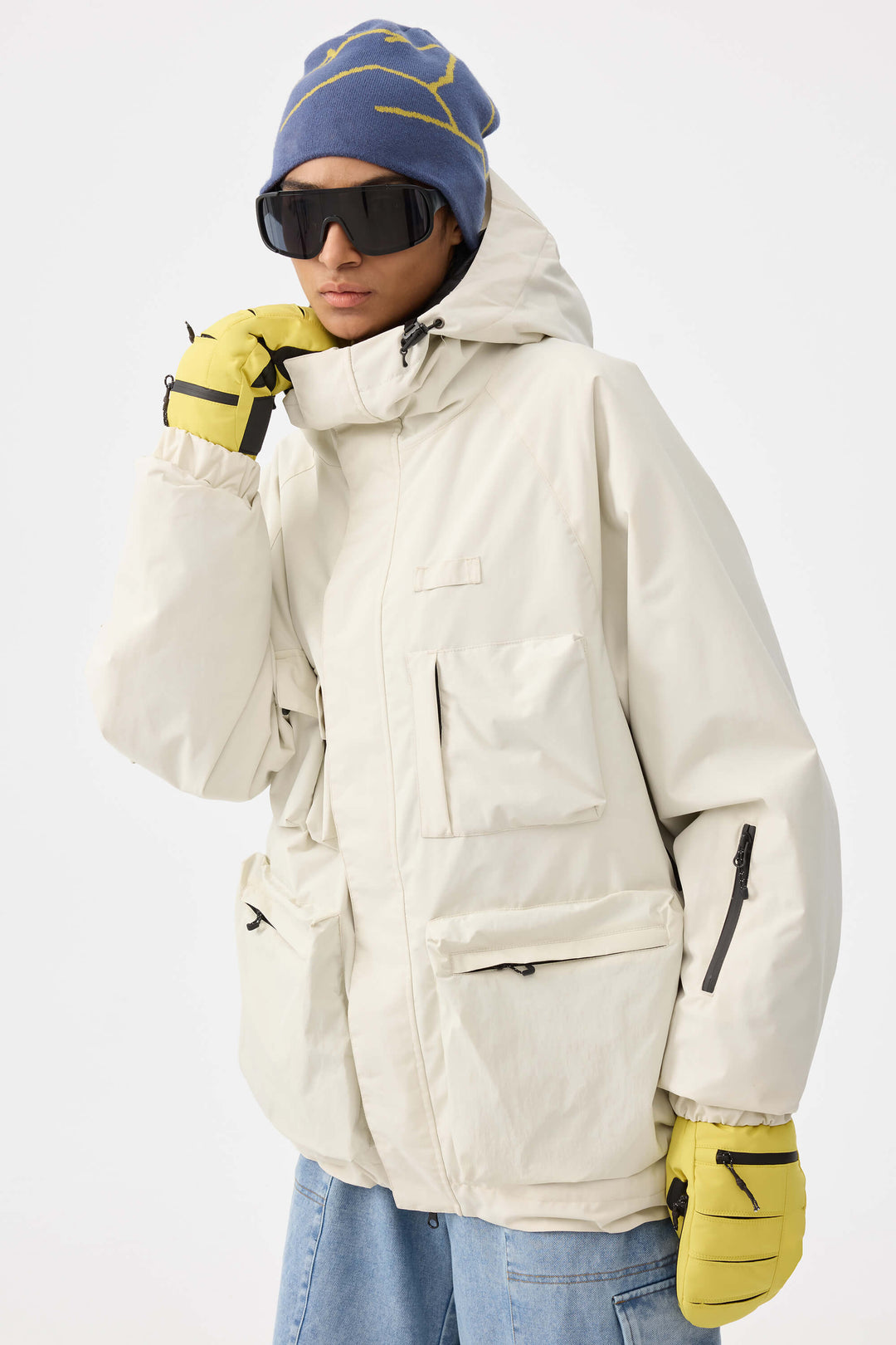 Jaqueta de neve feminina Off White Techwear com vários bolsos e isolamento térmico