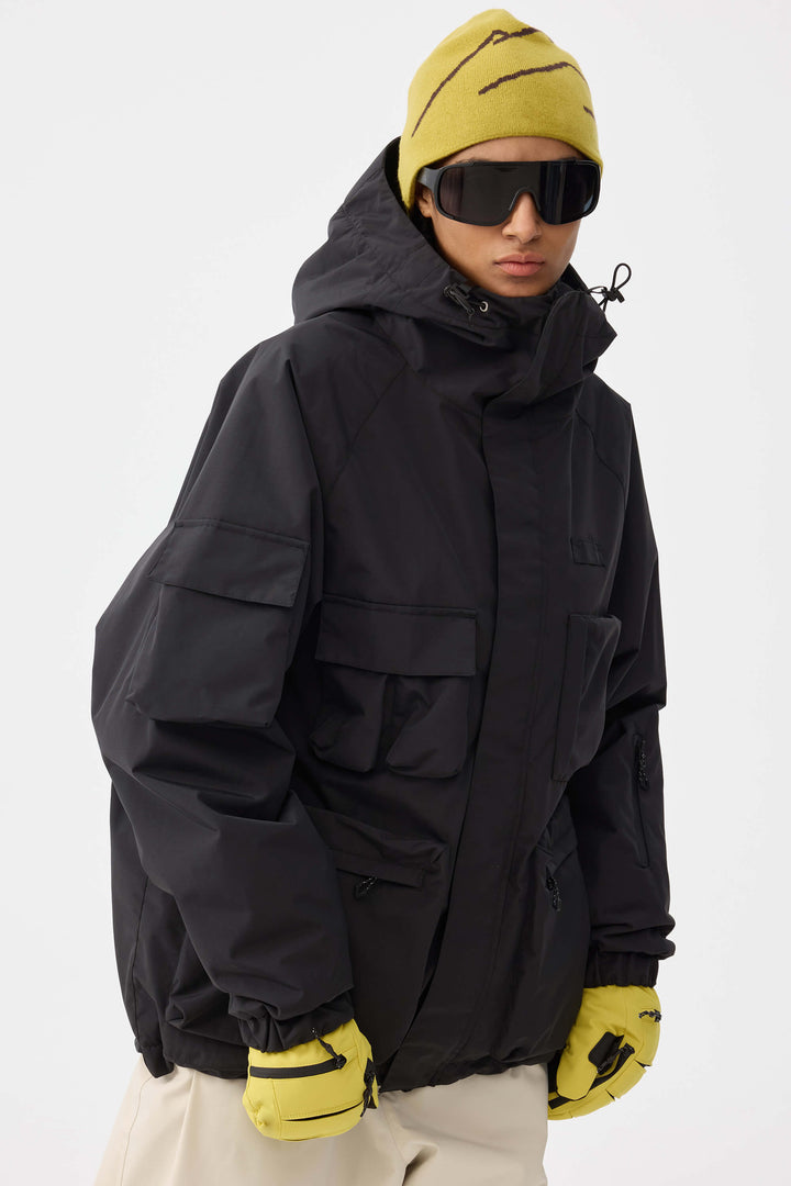 Damska czarna ocieplana kurtka śnieżna Techwear Multi-Pocket