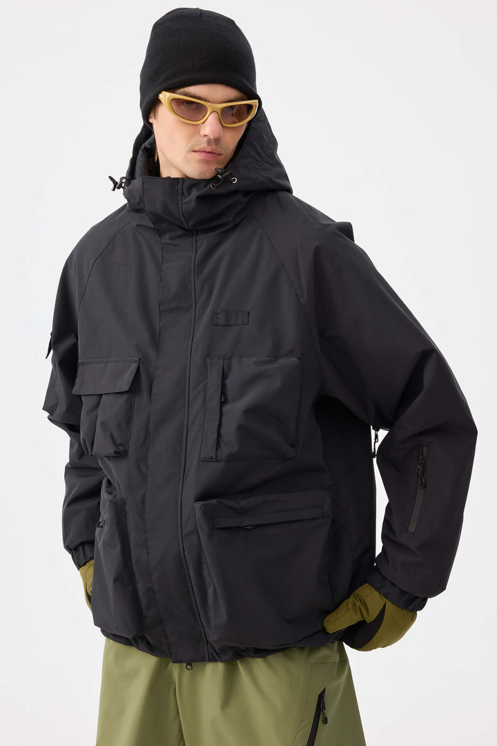 Svart Techwear isolerad snöjacka med flera fickor för män