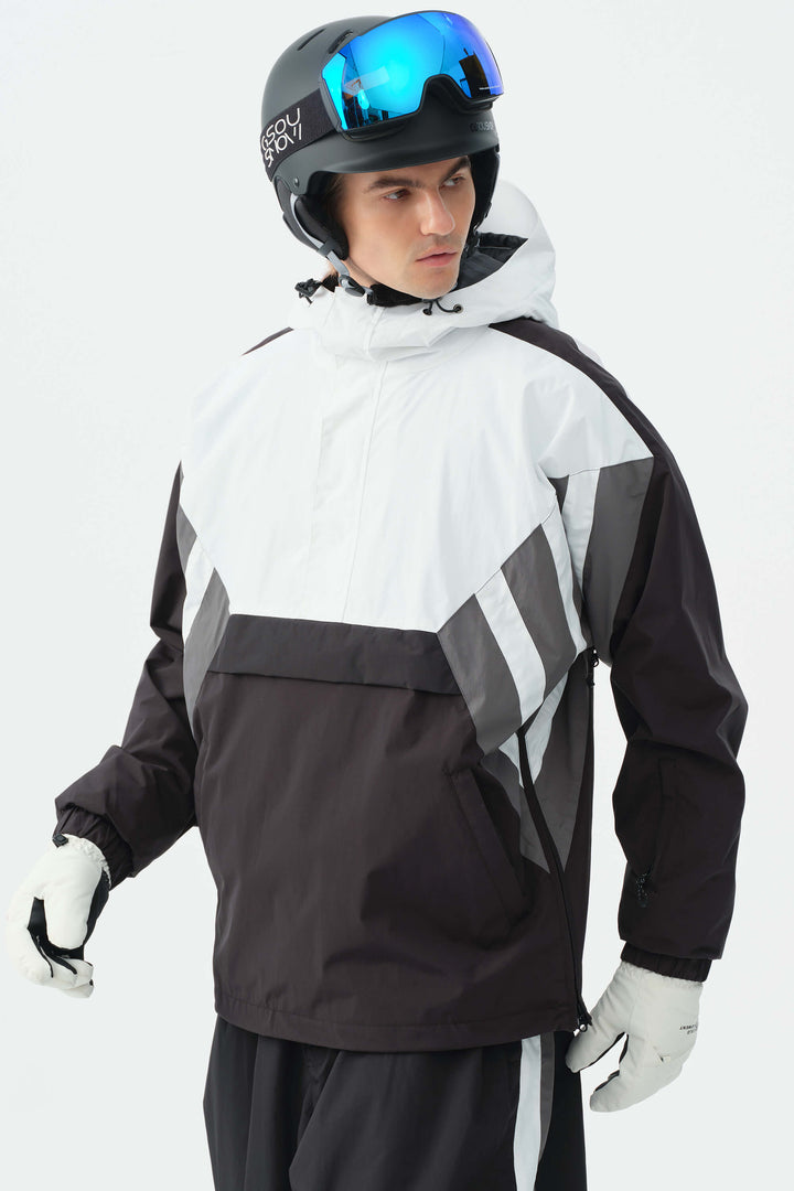 Heren zwart-witte 90s retro track colorblock sneeuwanorak