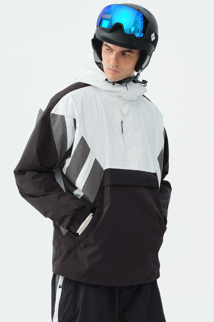 Heren zwart-witte 90s retro track colorblock sneeuwanorak