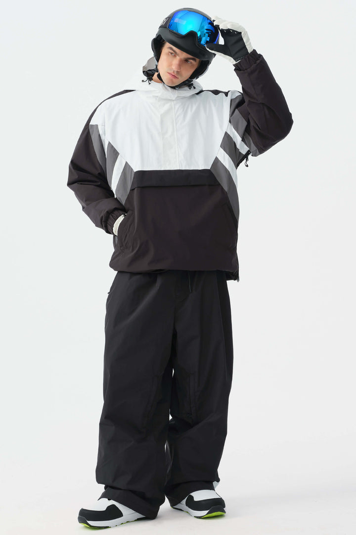 Heren zwart-witte 90s retro track colorblock sneeuwanorak