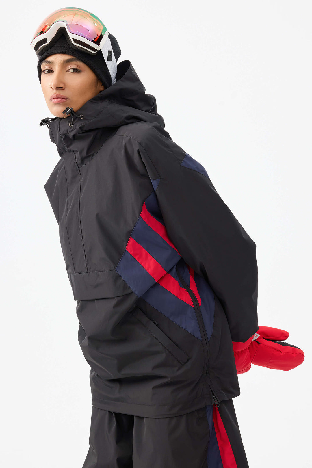 Svart & röd 90-tals retro träningsjacka i färgblock för kvinnor