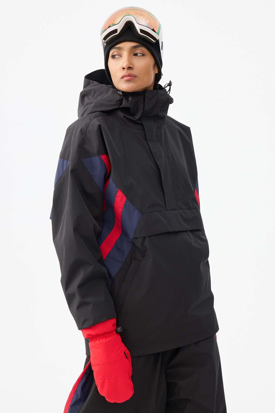 Svart & röd 90-tals retro träningsjacka i färgblock för kvinnor