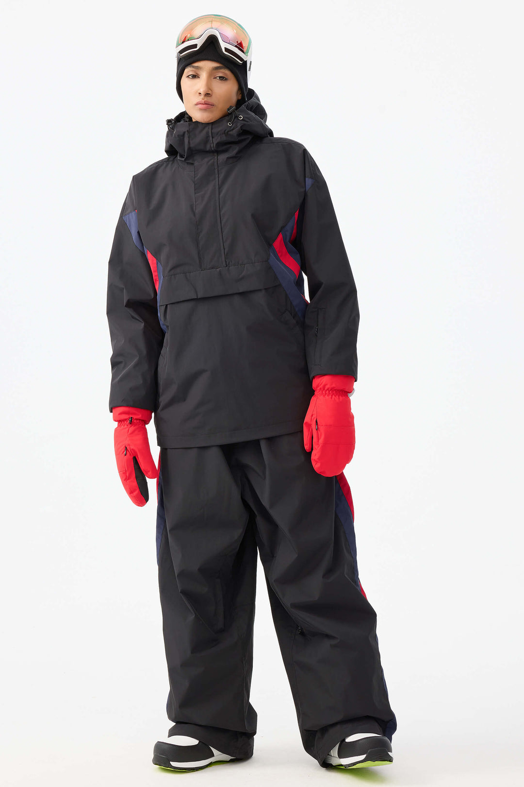 Svart & röd 90-tals retro träningsjacka i färgblock för kvinnor