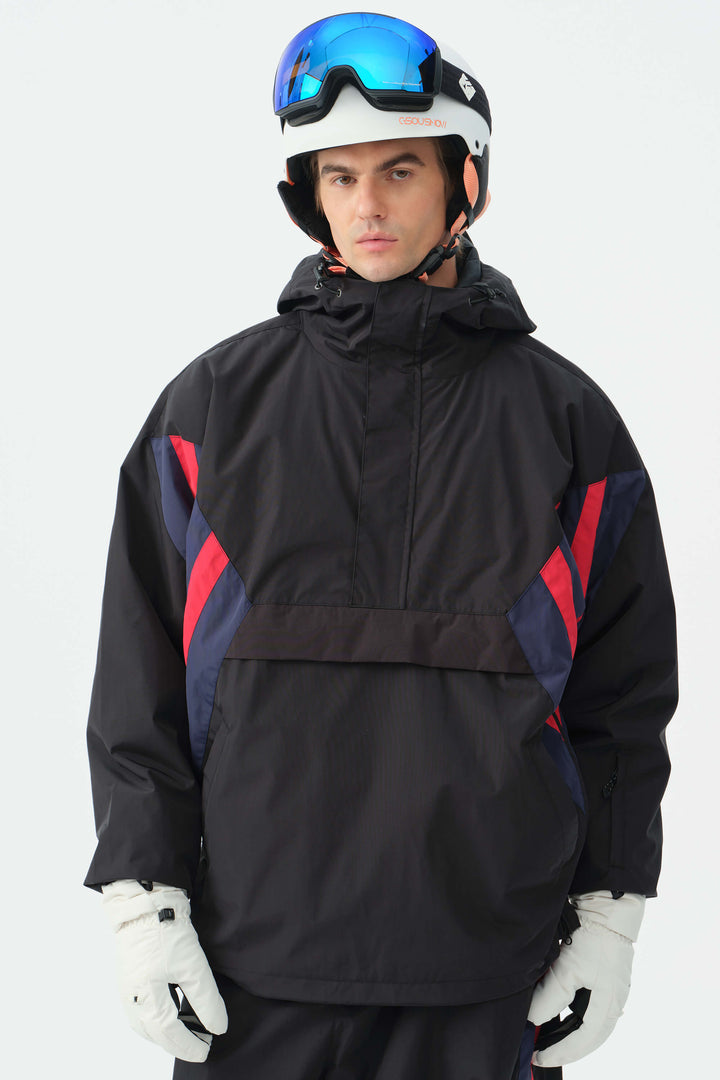 Heren zwart-witte 90s retro track colorblock sneeuwanorak