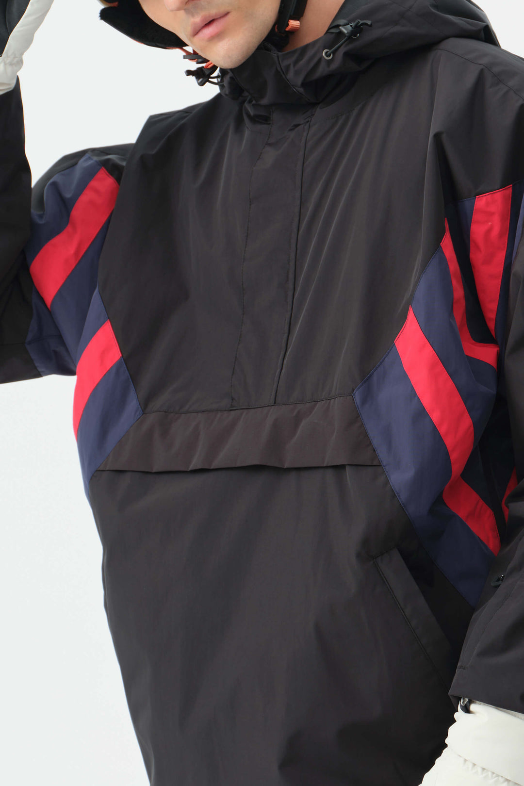 Heren zwart & rood 90s retro track colorblock sneeuwanorak